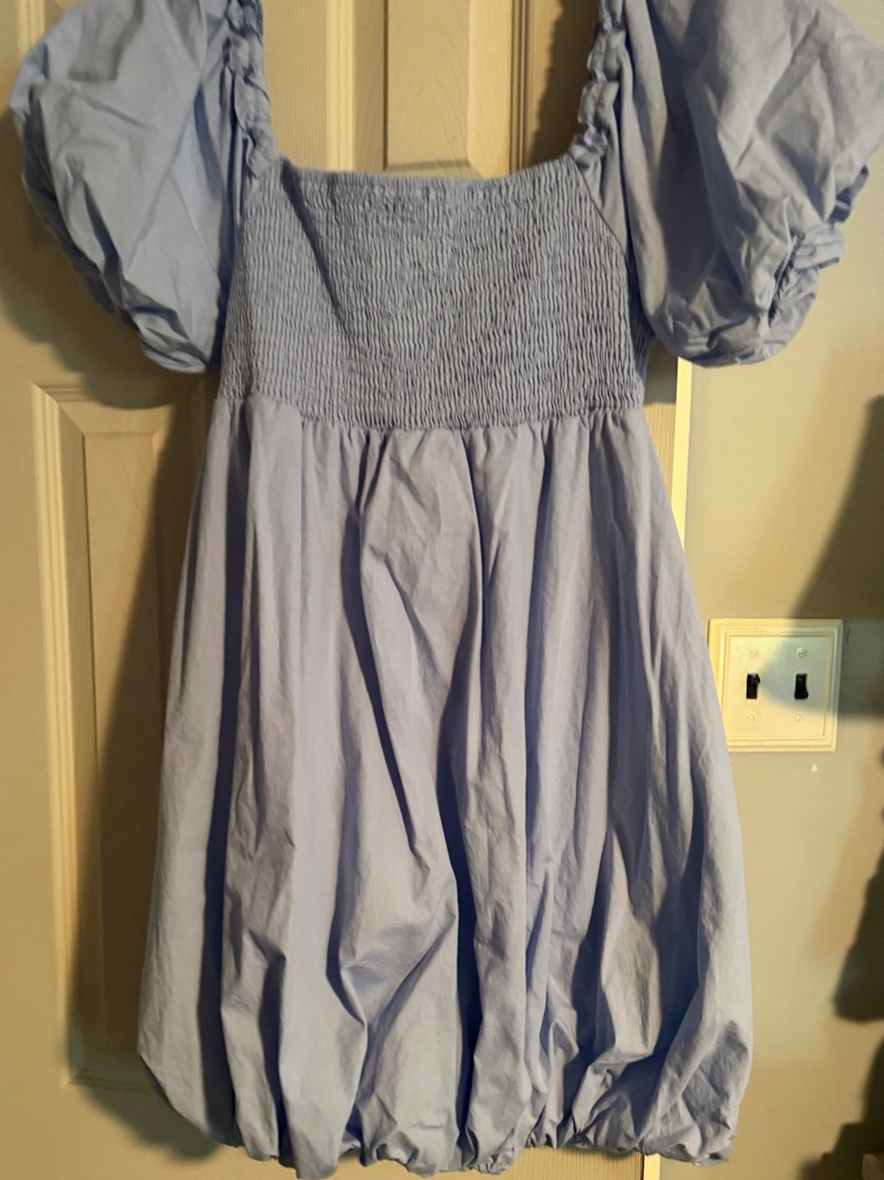 Womens Light Blue Puff-Sleeve Smocked Dress